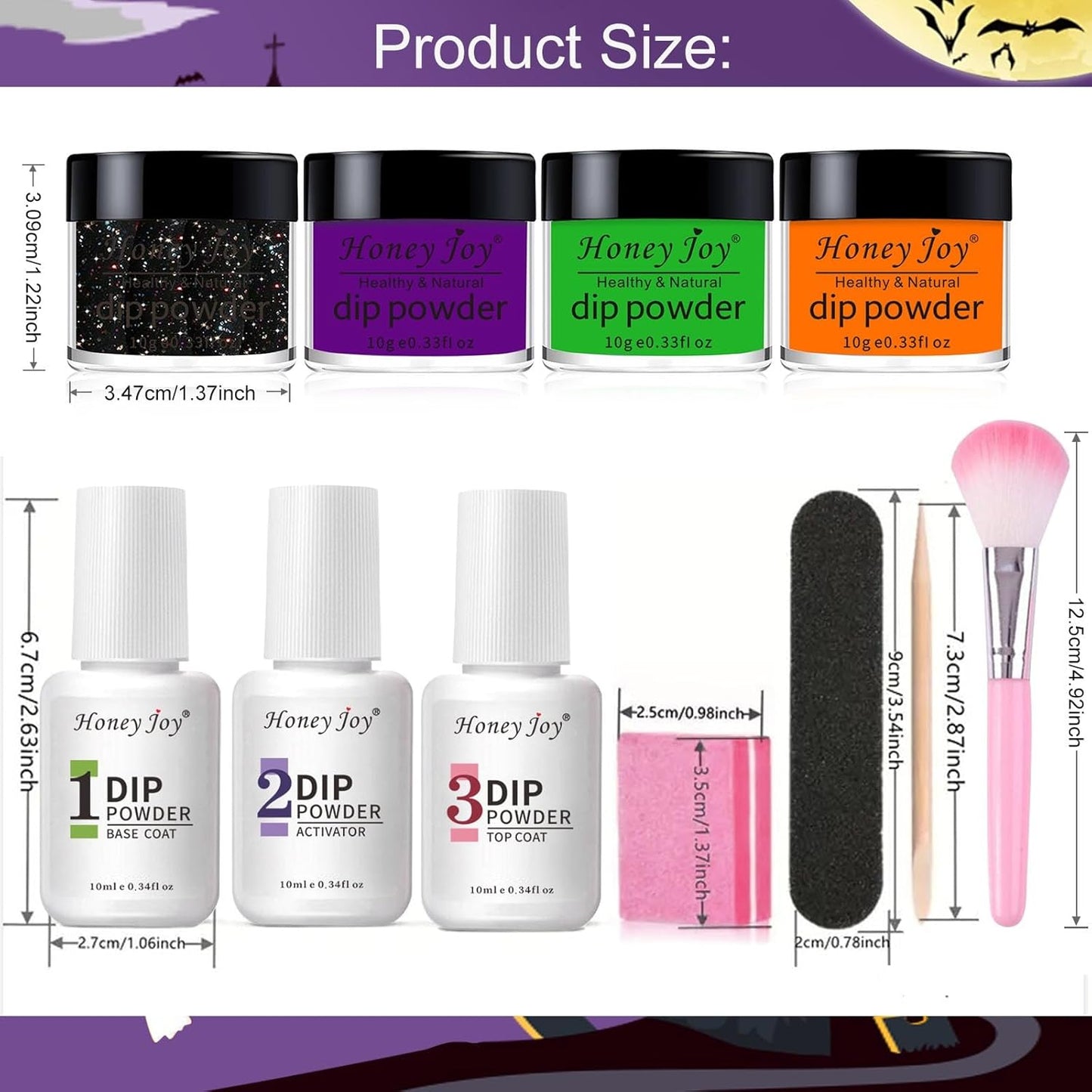 Honey Joy Dip Powder Nail Kit Starter, 4 Colors Halloween Witch Black Pumpkin Orange Mystic Purple Dipping Powder Liquid Set with Base Top Coat for Nail Art Manicure Salon DIY, Dip-7pcs-No.10