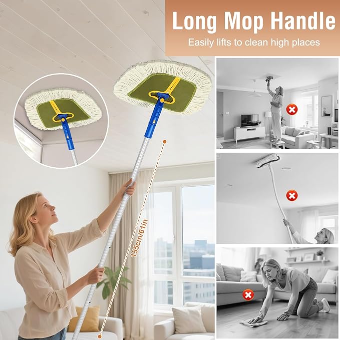 Commercial Dust Mop for Hardwood Floors, Industrial Dry Mops with Replacement Wedge Cotton Mop Pads for Wall Cleaner ,Hardwood, Tile, Laminate, Vinyl,Walls, Home,Warehouse Duster, Green