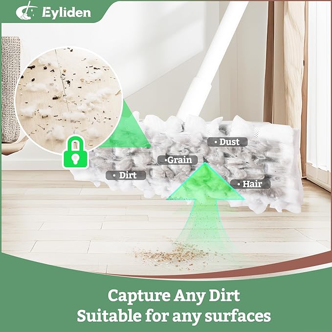 Eyliden Dust Mop, Sweeping & Mopping Kit | 58" Extended Long Handle, 36 Disposable Dry Cloths, Multi Surface Sweeper Mops for Floor Cleaning (White)