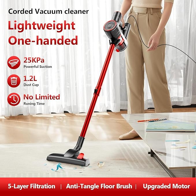 Corded Vacuum Cleaner for Home, 600W Powerful Stick Vacuum, 2 in 1 Vacuum Cleaners,1.2 L Dust Cup, Corded Handheld Vacuum Pet for Hair, Short-Pile Carpet, Hardfloor (Red)