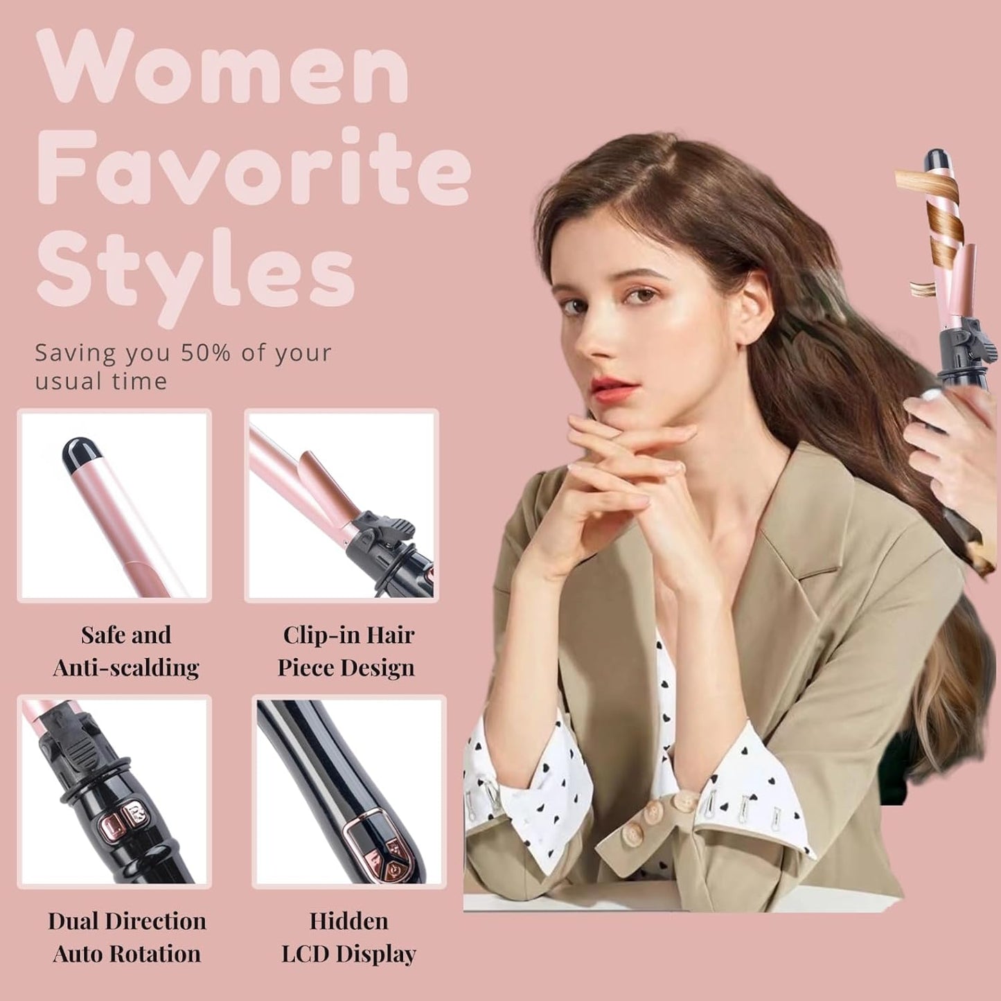 Automatic Curling Wand 28mm/1.1 inch Rotating Curling Iron with LED Display Fast Heating Wand for Short Long Hair Professional Hair Waver Styling Irons