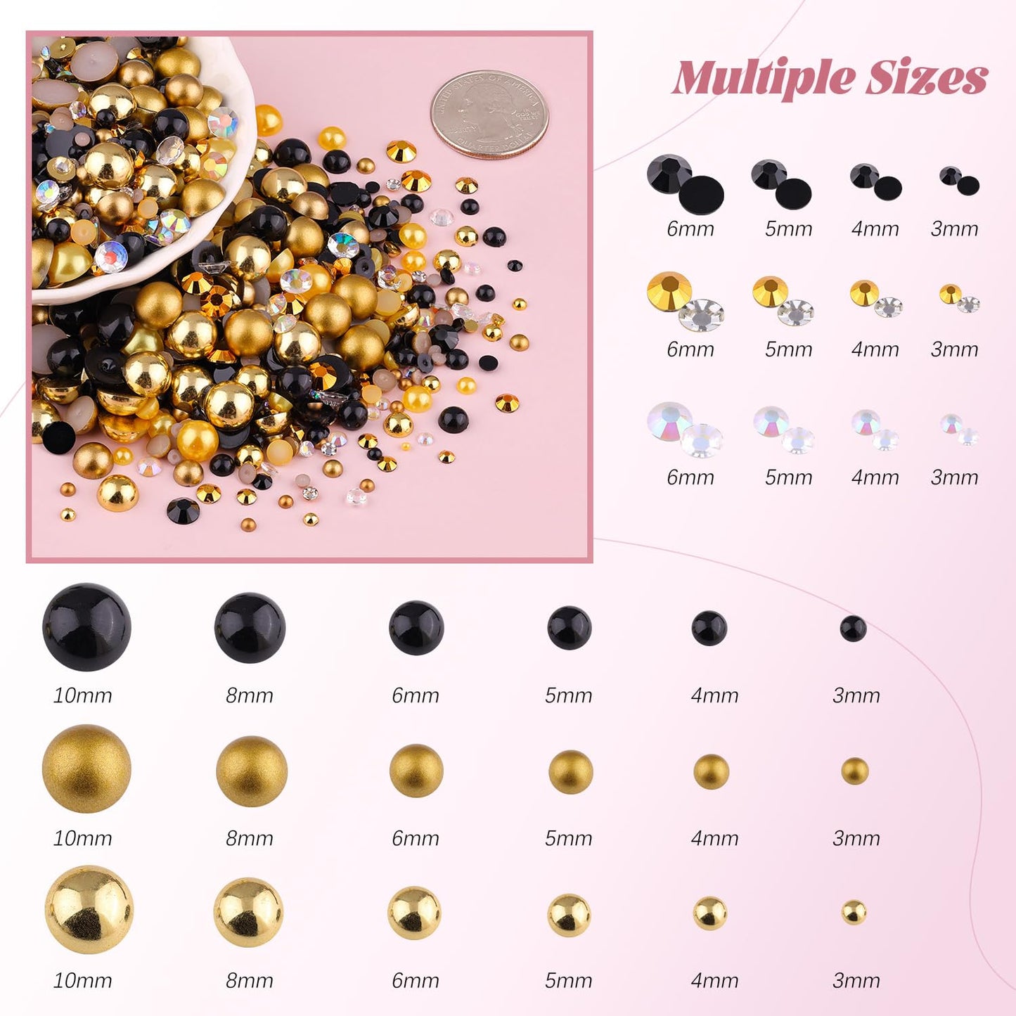 80g Flatback Pearls and Rhinestones for Crafting, Golden Black Mixed Size 3-10mm Resin Rhinestones and Half Pearls for Bedazzling, Nail Art and Decoration with Tweezer and Pickup Pencil