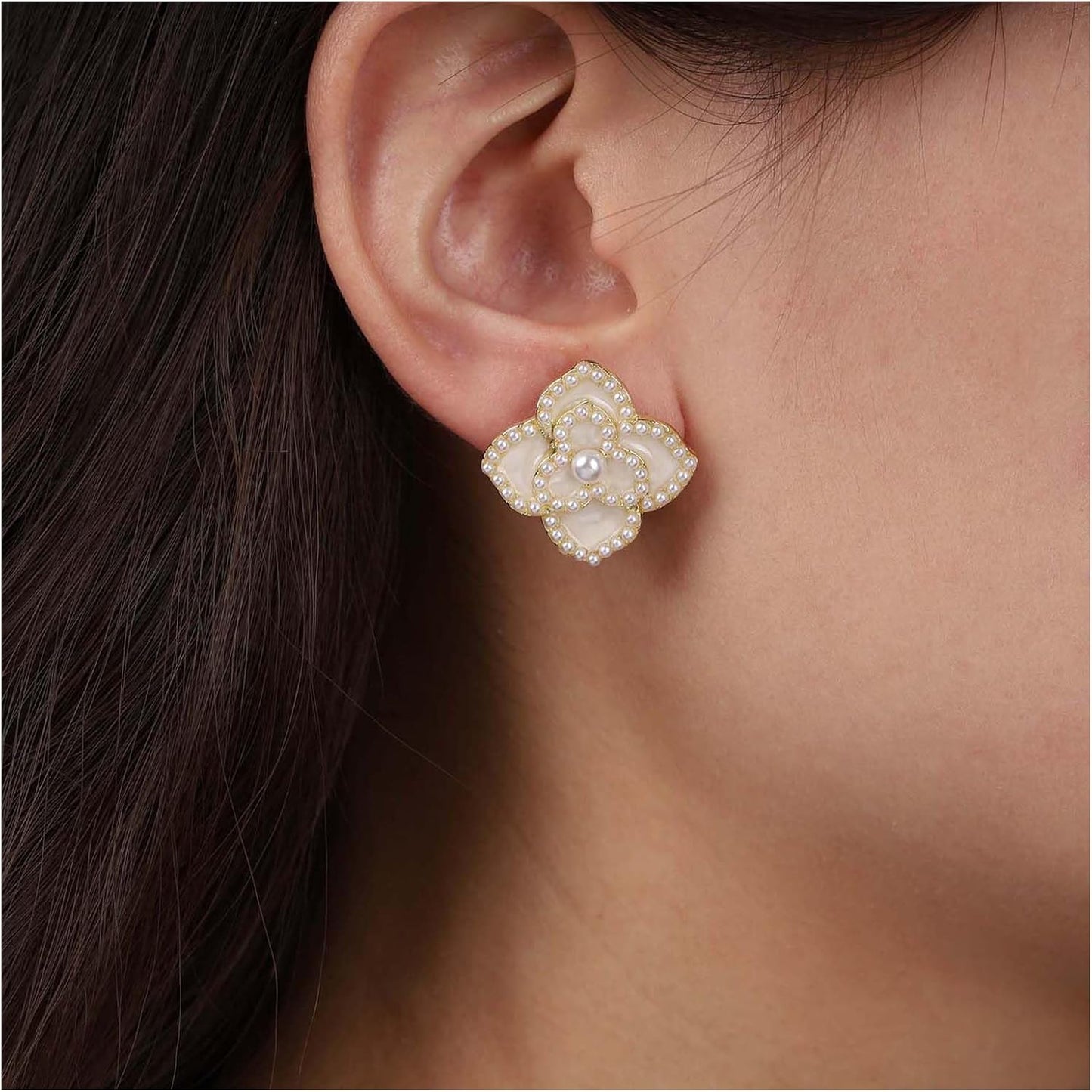 Vintage Pearl Flower Earrings Gold Pearl Stud Earrings Large Camellia Earrings Enamel Camellia Flower Petal Earrings Jewelry for Women