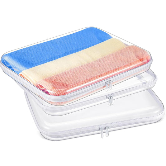 Hoolerry 3 Pcs Clear Hard Zipper Case Plastic Pouch Transparent Hard Case Clear Makeup Bag Portable Travel Organizer Bin for Cosmetics, Building Blocks, Puzzles(White,L)