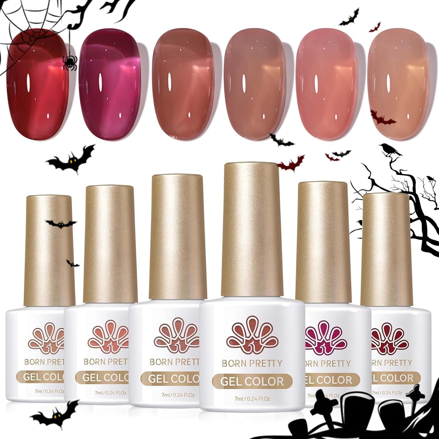 Born Pretty Jelly Burgundy Gel Nail Polish Fall Winter Jelly Blood Wine Red Brown Nude Purple Halloween Translucent Sheer Gel Polish Set Nail Art Varnish Manicure 6PCS
