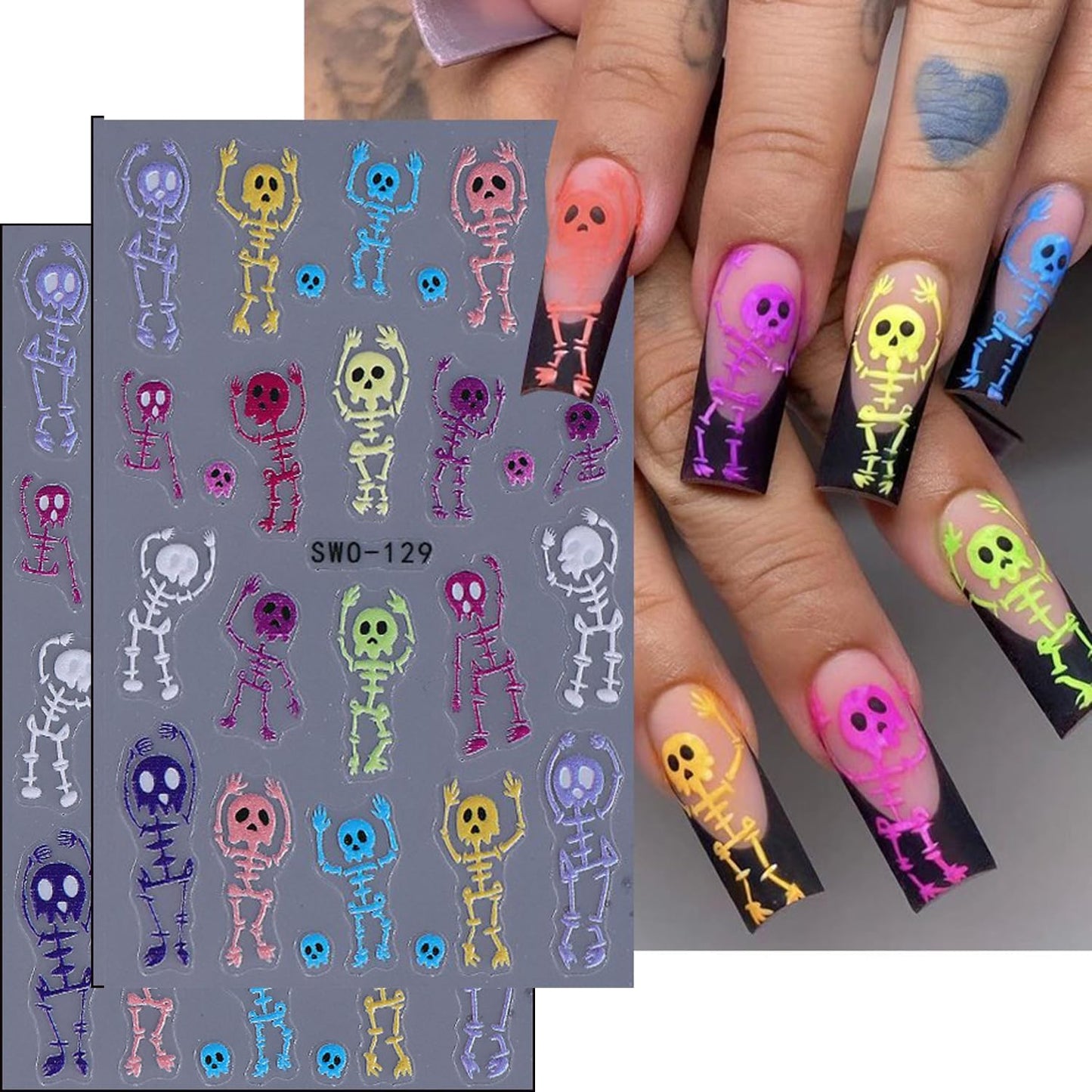 Halloween Nails Stickers Colorful Skull Nails Sticker 3D Embossed Skeleton Skull Self Adhesive Sticker Nail Decals Skeleton Body Nail Art Decal Halloween Decals for Nail DIY Manicure 2Sheet