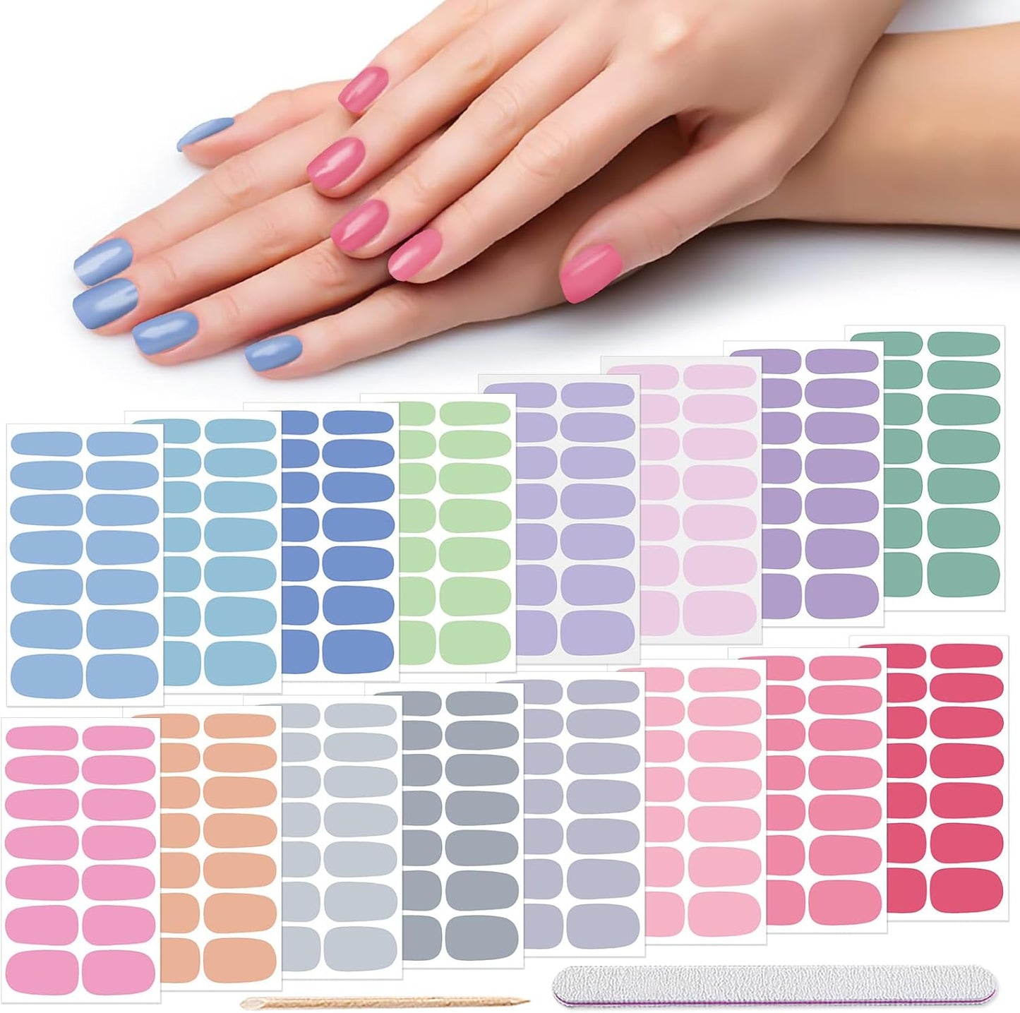 DANNEASY 224PCS/16 Sheets Nail Polish Strips - Dusky Solid, Gel Nail Stickers Full Nail Wraps, UV Free | Easy to Stick | Adhesive Sticker Nails for Women with 1 File, 1 Cuticle Stick