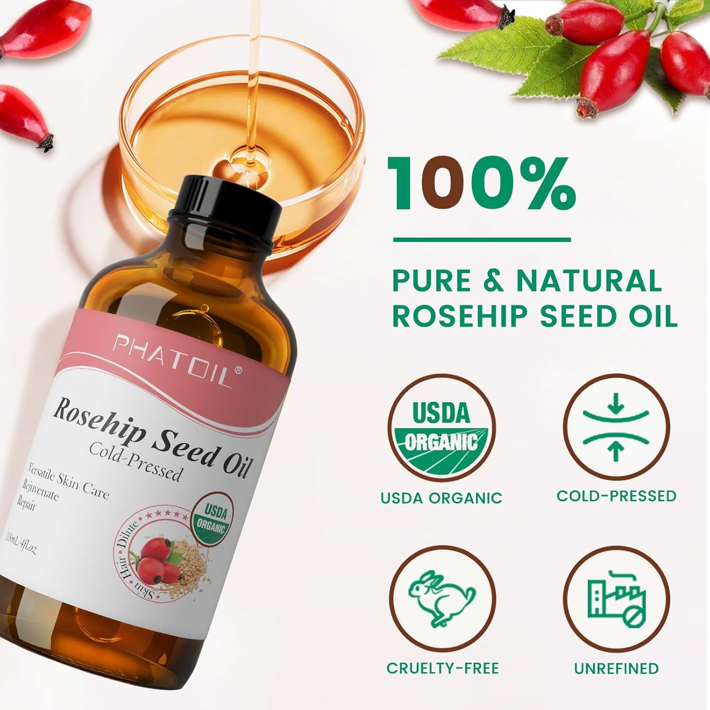 Organic Rosehip Seed Oil for Face 4oz/118ml, USDA Certified Organic Pure and Natural Cold Pressed Base Carrier Oil, Massage Gua Sha for Face and Body, Moisturizing for Hair and All Skin Type