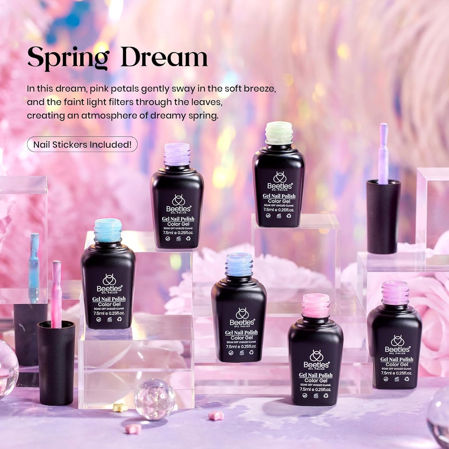 Beetles Shimmer Gel Nail Polish Set - 6 Colors Purple Glitter Blue Green Mermaid Pastel Nail Gel Drawing Soak Off Uv Led Needed with Pastel Sticker