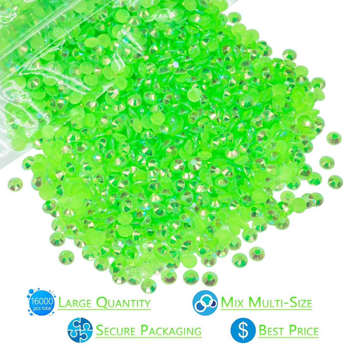 16000PCS Peridot AB Resin Rhinestones for Crafting 3mm 4mm 5mm Fresh Green Flatback Jelly Stones Bulk SS10 SS16 SS20 No-Hotfix Diamonds Crystals Gems for Nails Face Eyes Makeup Tumblers Bottles Crafts