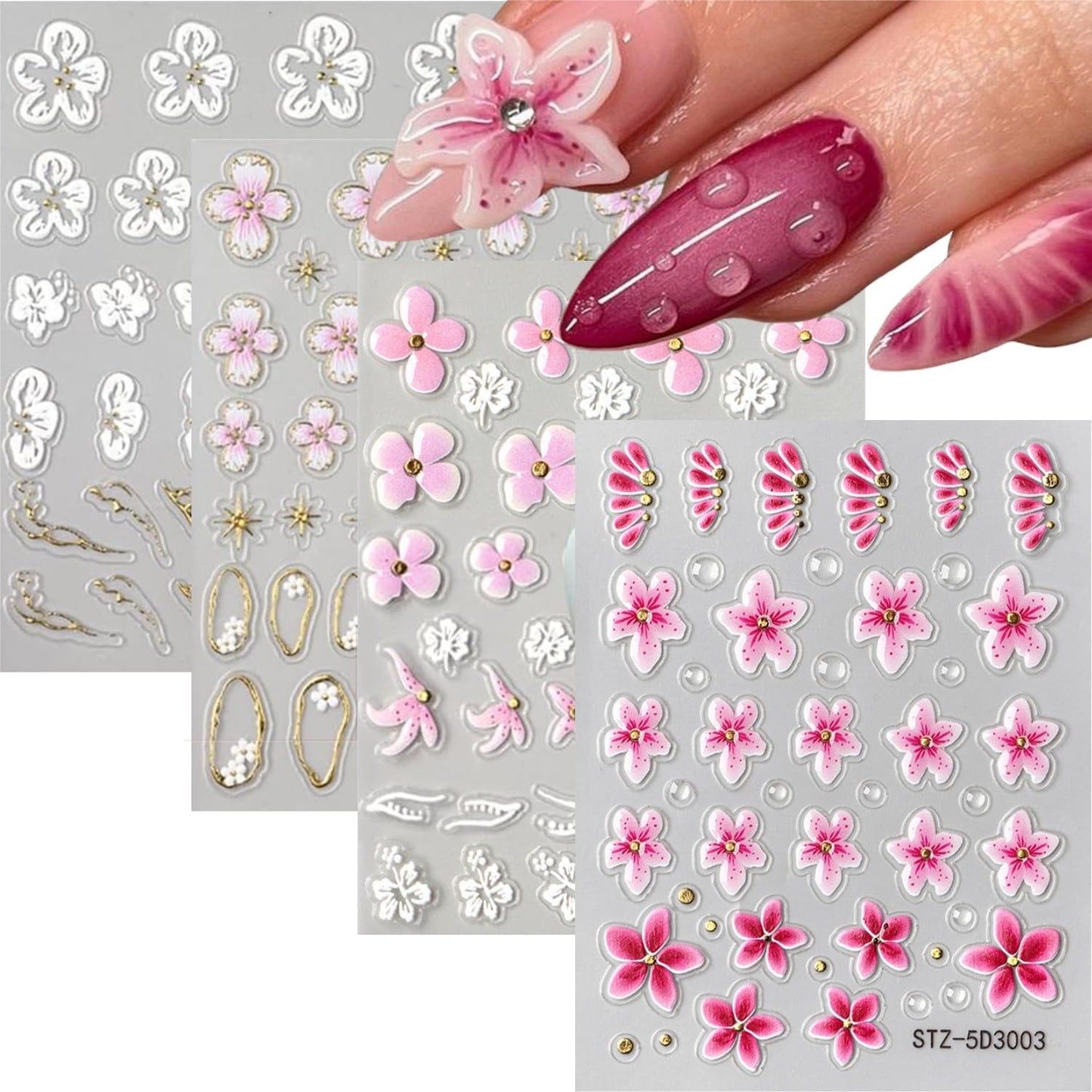 4 Sheets Flower Nail Stickers for Nail Art 5D Self Adhesive Spring Nail Art Stickers White Pink Flower Nail Decals Spring Nail Supplies Design for DIY Acrylic Nails for Women Girls