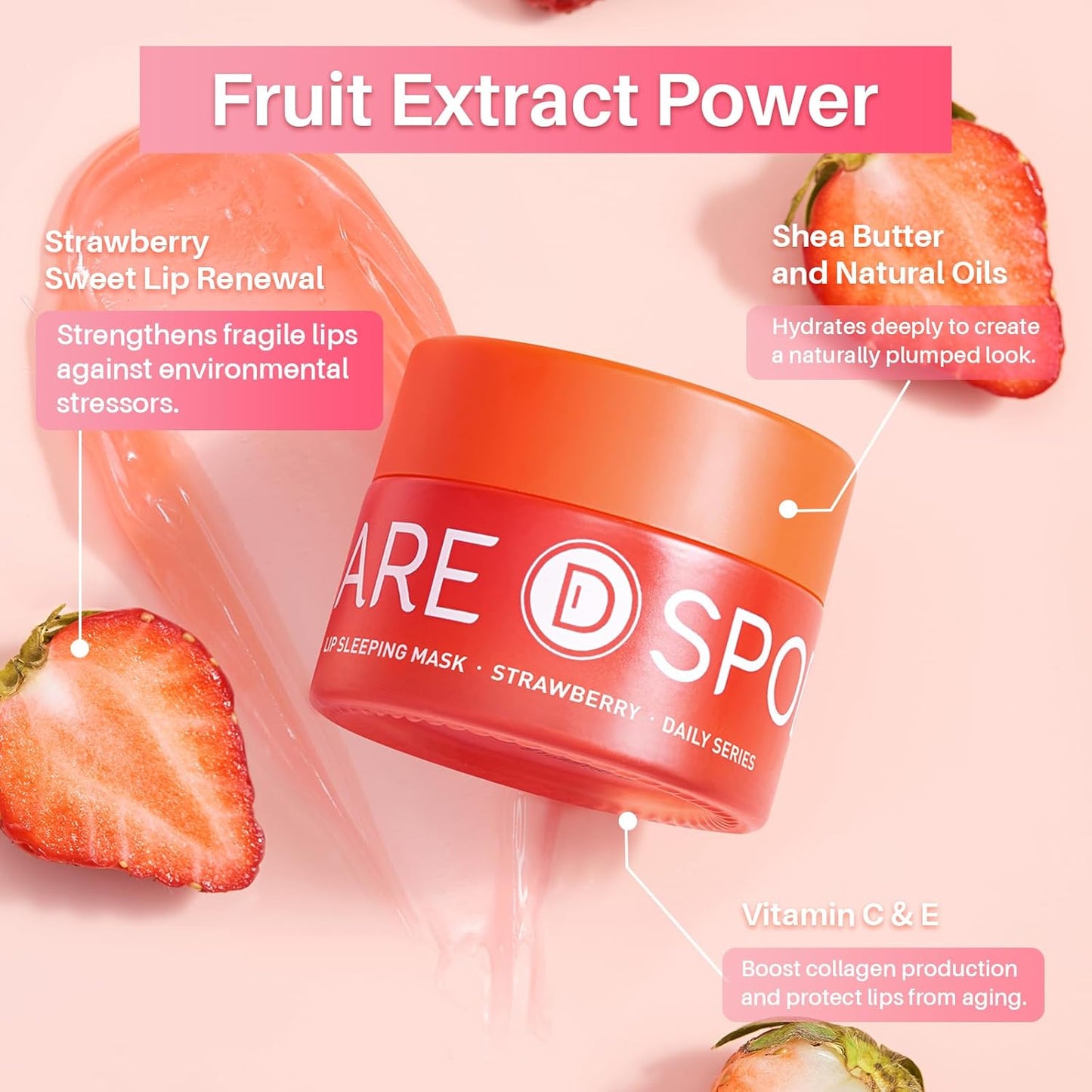 Sleeping Lip Mask Strawberry - Overnight Lip Treatment, Lip Care Hydration, Repair for Dry Cracked Lips, Vitamin C, Soft and Nourished Lips Overnight, Christmas, with Shea Butter - 0.42 Fl Oz