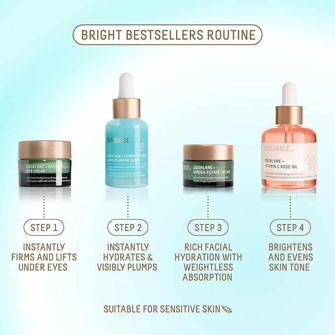 Biossance Bright Bestsellers Holiday Gift Set with Rose Oil, Marine Algae Eye Cream, Omega Repair Cream and Copper Peptide Plumping Serum, ($136 Value), 1 Set