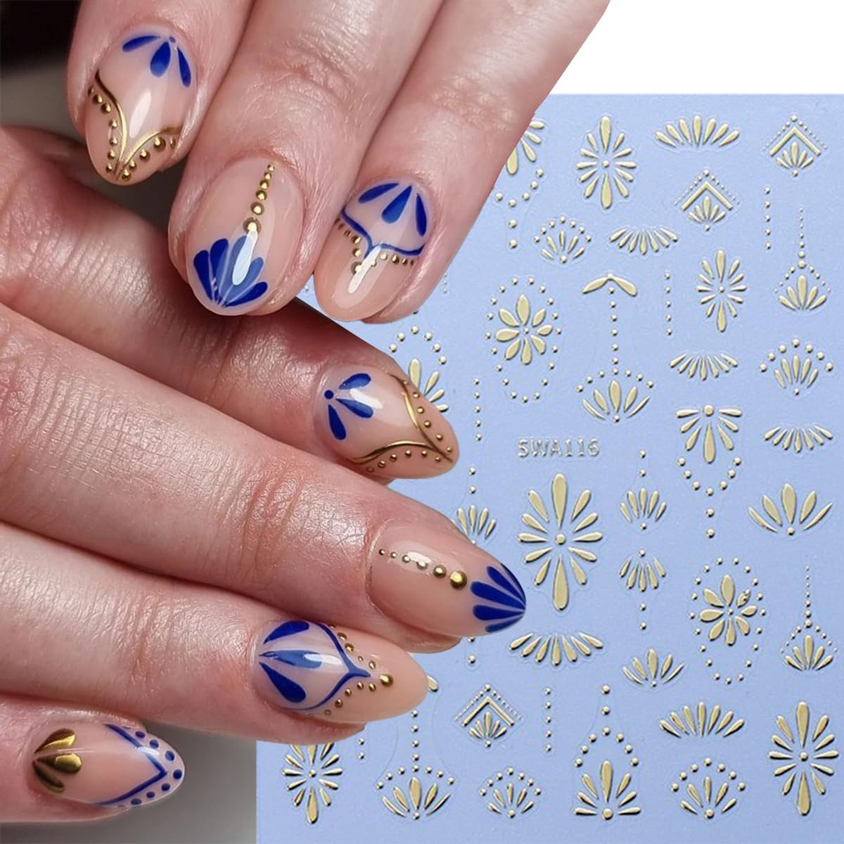 Bohemian Style Nail Stickers 3D Self Adhesive Nail Art Stickers Retro Blue Nail Decals Gold Silver Bohemian Design Flower Nail Sticker for Nail Art Decoration Manicure Accessories for Women 6 Sheets
