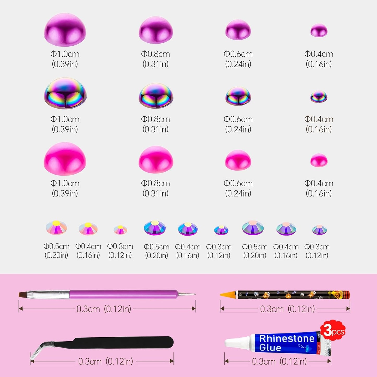 60g Pink Purple Flat Back Pearls Rhinestones for Crafts Mixed Size 3mm-10mm AB Color Round Half Pearls Flatback Pearl Beads and Resin Rhinestones Set for Face Art with Glue