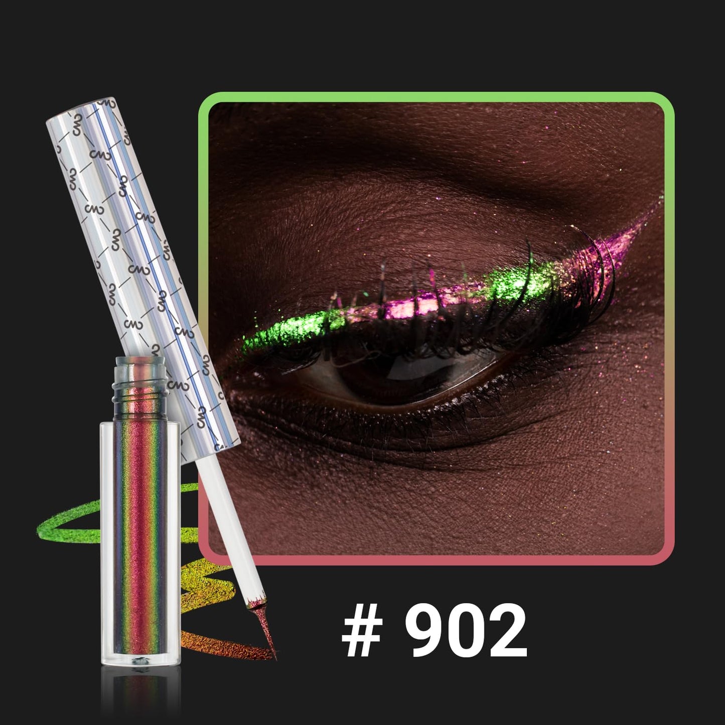 Chameleon Glitter Liquid Eyeliner, Highly Pigmented Intense Color Shifting, Waterproof Eyeliner Metallic Multi-Reflective Finish, Longwearing, Smudge-proof, Ultra-Fine Tip, PINK GOLD GREEN 902