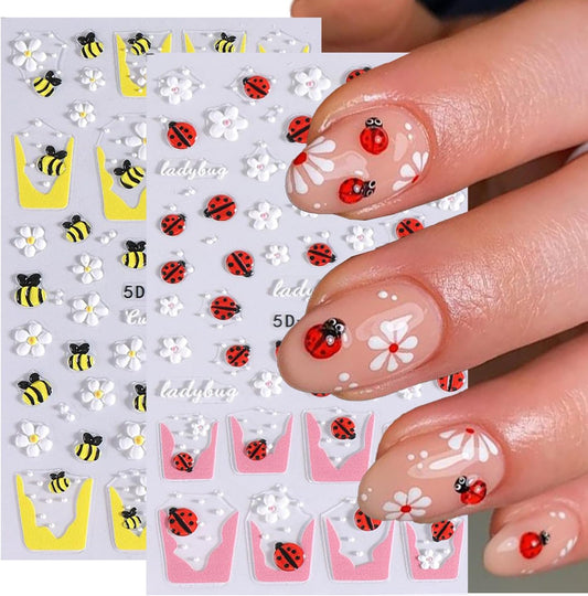 Flower Nail Sticker French Tips Nail Decals Insect Nail Art Stickers Bee Ladybug Daisy Five Petal Floral White Yellow Pink Design Cute Nails Stickers for Nails Art Summer Manicure Decor for Women