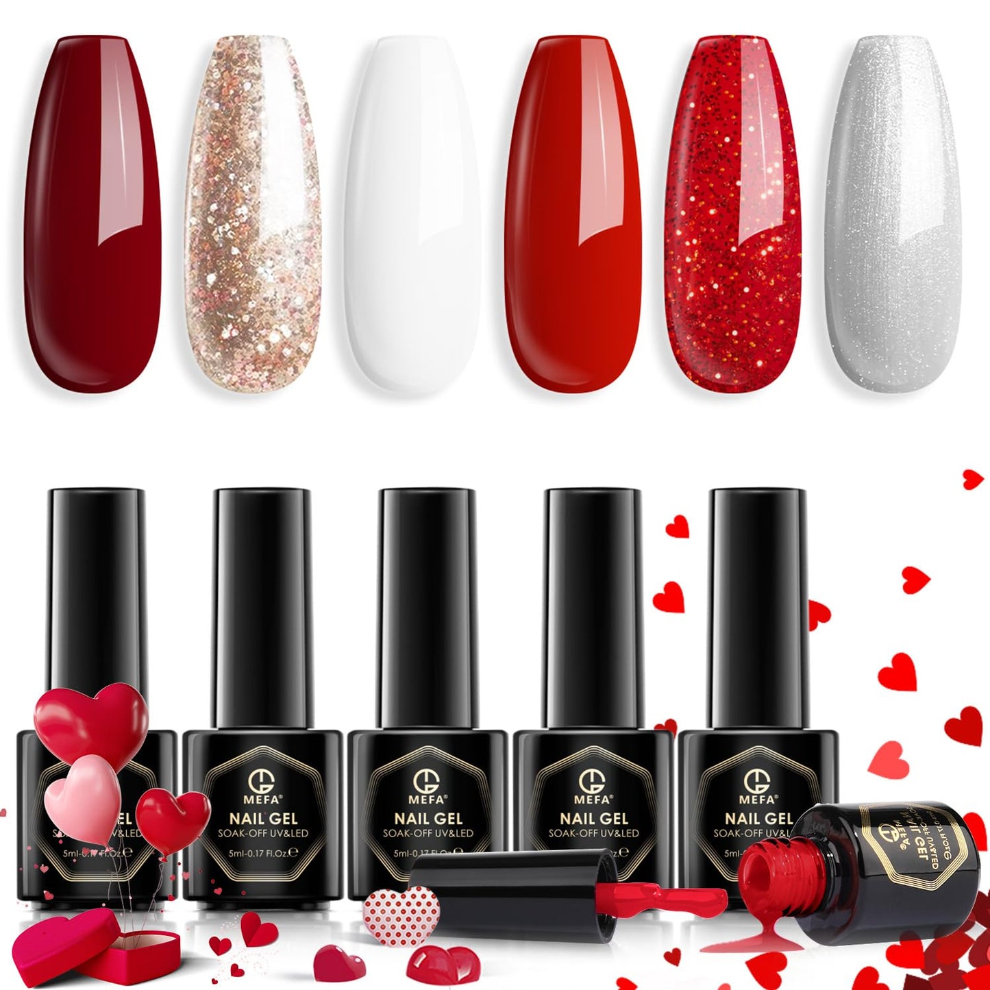 MEFA 6 Colors Red Gel Nail Polish Set, Fall Winter Christmas Glitter Shades Sparkle Silver Champagne Love Times Tones Salon Decorations Nail Art Design at Home Manicure DIY Kit Gifts for Women Girl
