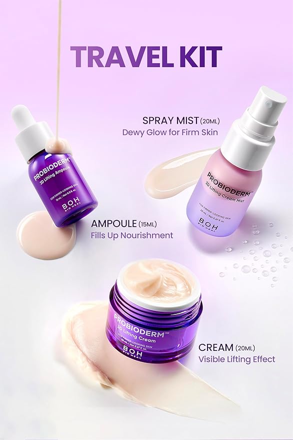 BIOHEAL BOH Probioderm 3D Lifting Travel Size Skin Care Kit | Korean Skincare Set for Firming & Hydration, with Ampoule, Face Moisturizer & Serum Spray | Mini Travel Essentials & Gift Set for Women