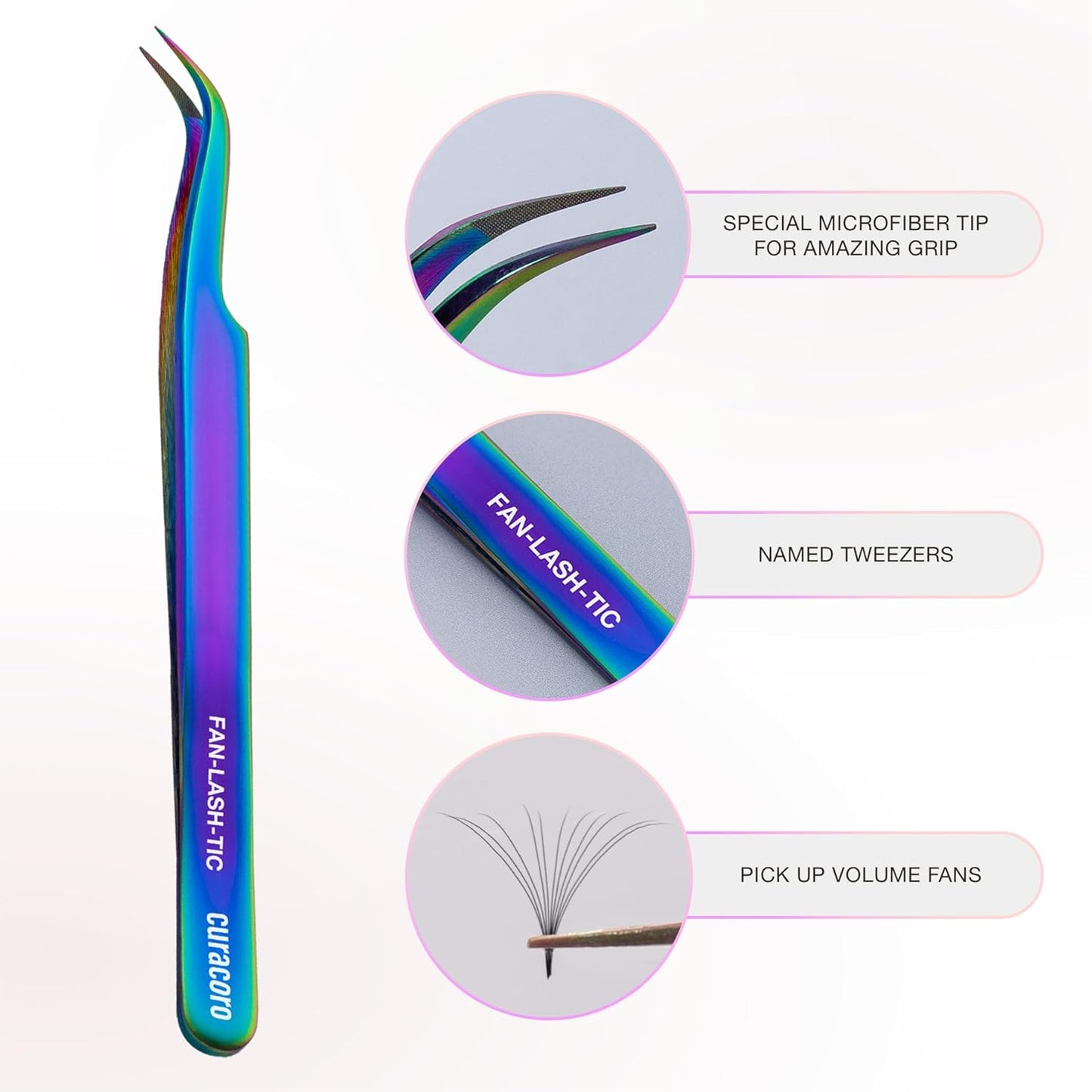 Curacoro Lash Tweezer - Professional & Precision Fiber Tip Grip Lash Tweezers for Eyelash Extensions, Multi Shapes & Purposes Tweezers for Volume, Isolation & Classic Lashes (Galaxy, Fan-lash-tic)