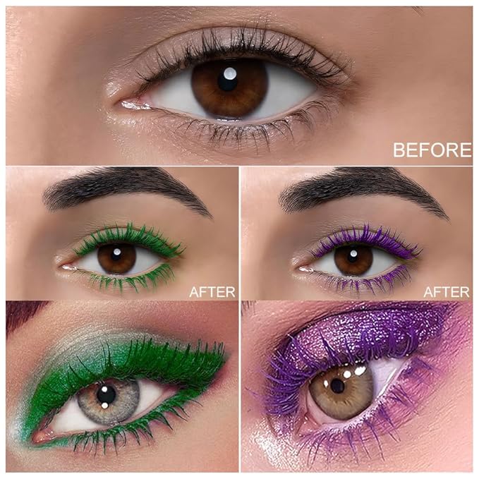 BINGBRUSH Colored Green Mascara for eyelashes Dual ended Long-Lasting Volumizing Lengthening Purple Mascara, green contacts for eyes Waterproof Eye Makeup for Party Daily Looks (02#-Green & Purple)