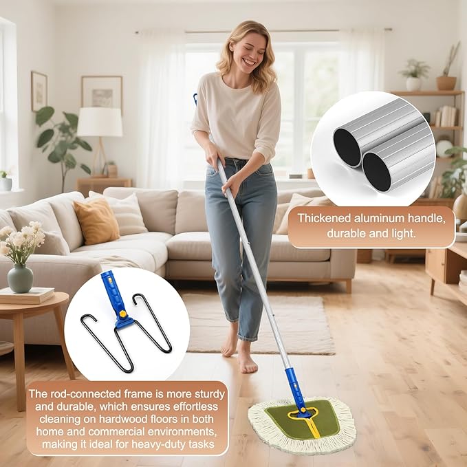 Commercial Dust Mop for Hardwood Floors, Industrial Dry Mops with Replacement Wedge Cotton Mop Pads for Wall Cleaner ,Hardwood, Tile, Laminate, Vinyl,Walls, Home,Warehouse Duster, Green