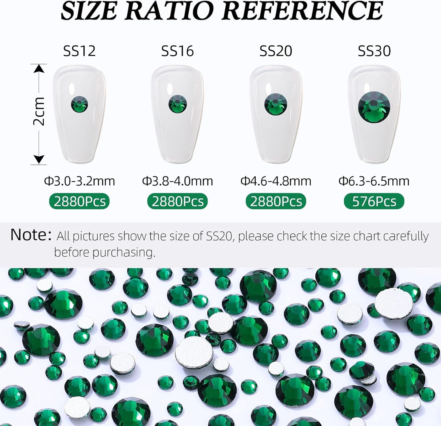 Green Flatback Rhinestones, Glass Rhinestones for Nail Art and Craft, Glue Fix, Loose Crystal Gemstones(Green, SS16, 2880pcs, 3.8-4.0mm)