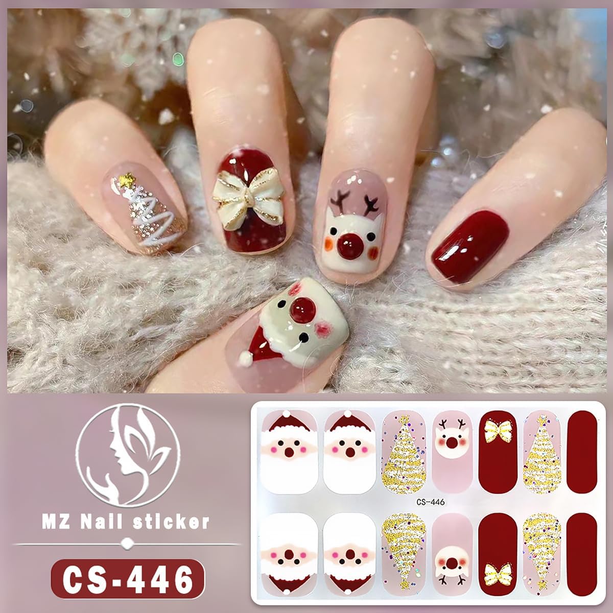 4 Sheets Christmas Gel Nail Stickers Snowflakes Gel Nail Polish Strips Xmas Elk Glitter Self-Adhesive Design Cute Winter Stickers Reindeer Full Wrap Gel Nail Strips Stickers for Acrylic Manicure DIY