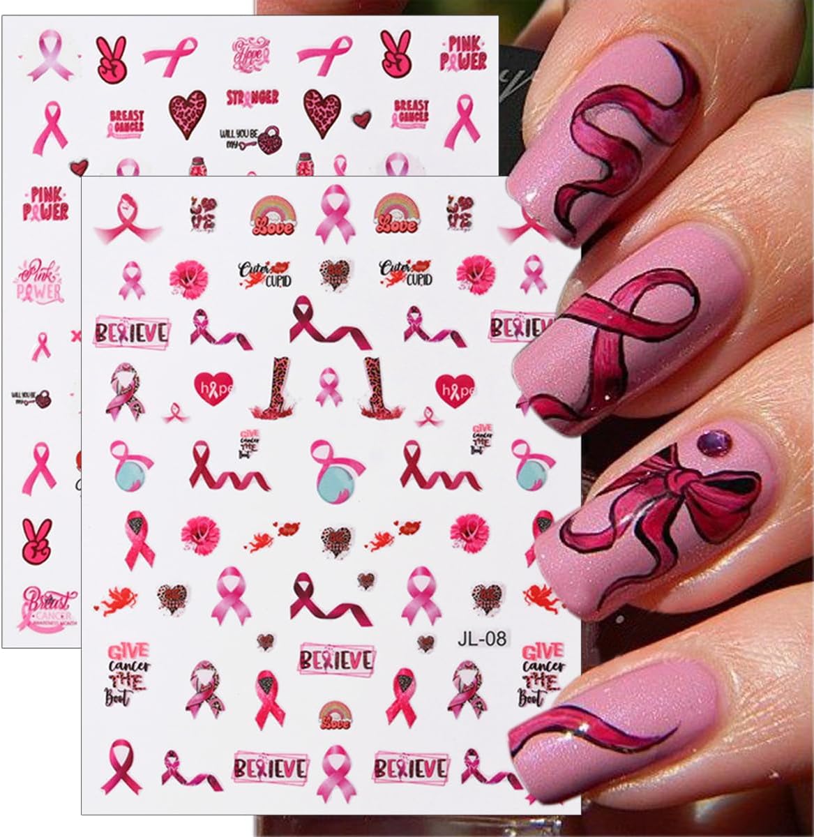 Breast Cancer Nail Art Stickers Pink Ribbon Nail Decals 3D Love Heart Bow Self-Adhesive Nail Design Sticker Breast Cancer Awareness Nail Art Supplies Sticker for Women DIY Manicure Decor Tips 6Sheets