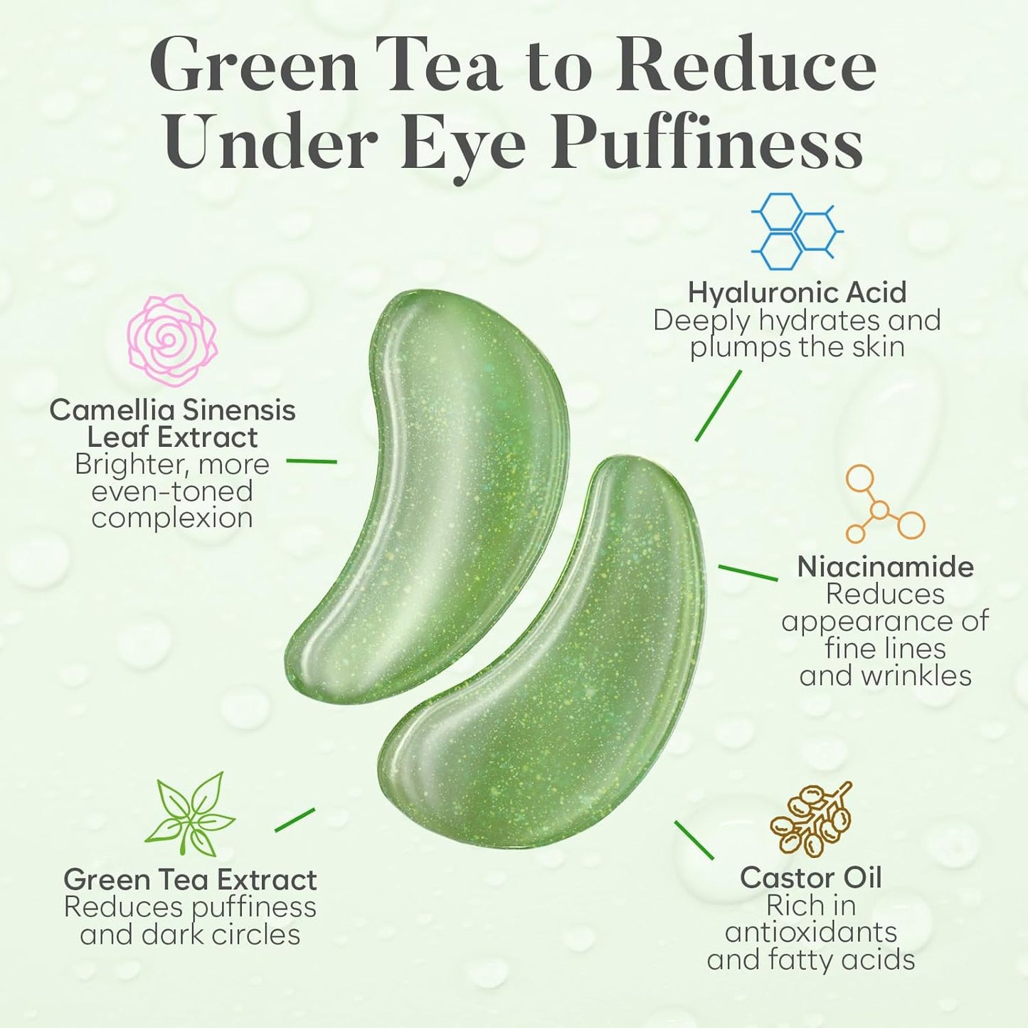 Green Tea Eye Patches (30 Pairs) Eye Mask | Eye Masks with Niacinamide & Hyaluronic Acid | Under Eye Patches for Dark Circles | Under Eye Patches for Puffy Eyes | Eye Care