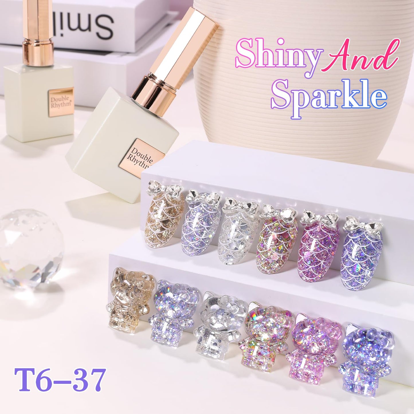 Double Rhythm 0.5 Oz Glitter Gel Polish Set of 6 Color with Display Board 15 ml Full Size Kit Shimmer Reflective Sparkle Soak Off Manicure Salon DIY at Home (Gold Blue Silver Purple Pink-T6-37)
