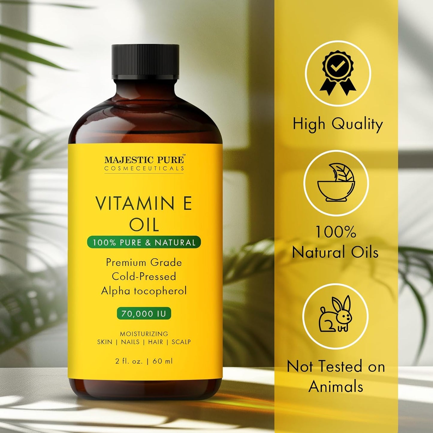 Majestic Pure Vitamin E Oil - 100% Pure & Natural, 70,000 IU | Premium Grade, Cold-Pressed and Tocopherol to Repair Dry, Damaged Skin| Moisturizing Skin, Hair and Scalp 2 Fl Oz