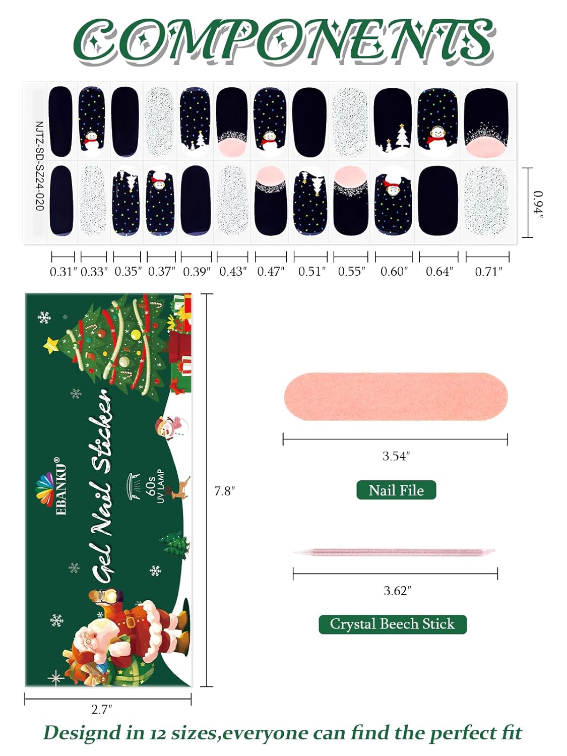 EBANKU 24PCS Christmas Semi-Cured Gel Nail Strips, Snowman Snowflakes Adhesive Gel Nail Art Sticker, Waterproof Gel Nail Wrap Stickers with Nail File and Stick