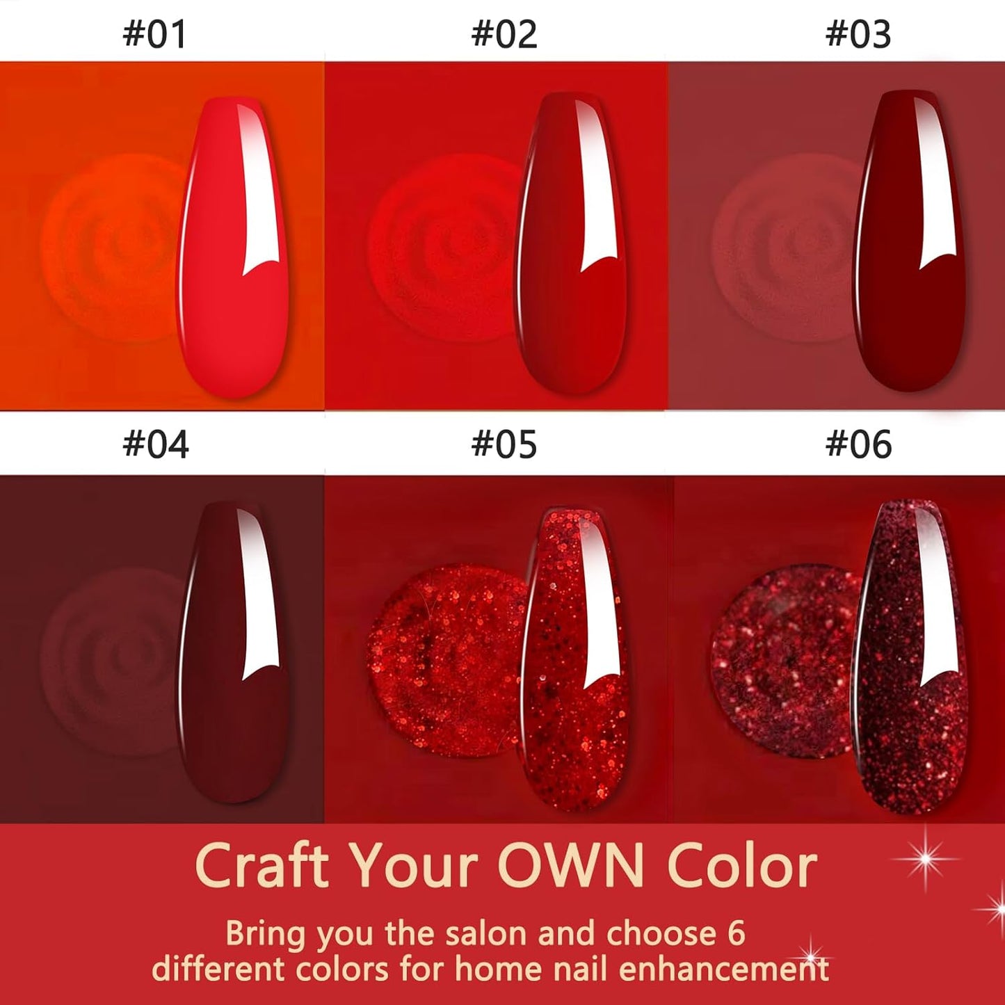 Dip Powder Set, Honey Joy 6 Colors Classic Red Collection Glitter Dipping Powder Set Nail Art Manicure DIY Salon Home Gifts for Women, No Need Nail Lamp Cured, DP-T