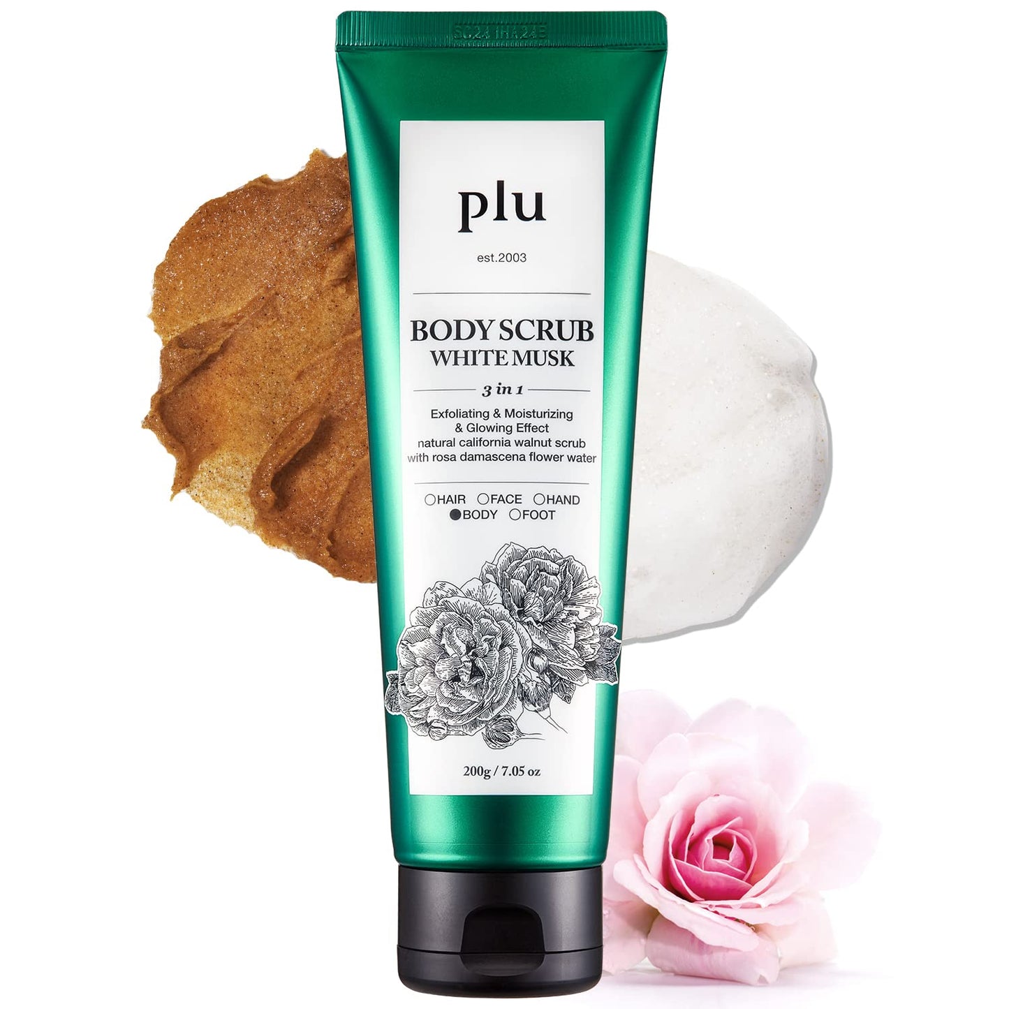 PLU Original Korean Walnut Body Scrub Polish - White Musk - Exfoliating & Moisturizing & Glow - for Acne, Cellulite, Stretch Marks, Spider Veins - Soft Musk Scent, 6.76 oz.