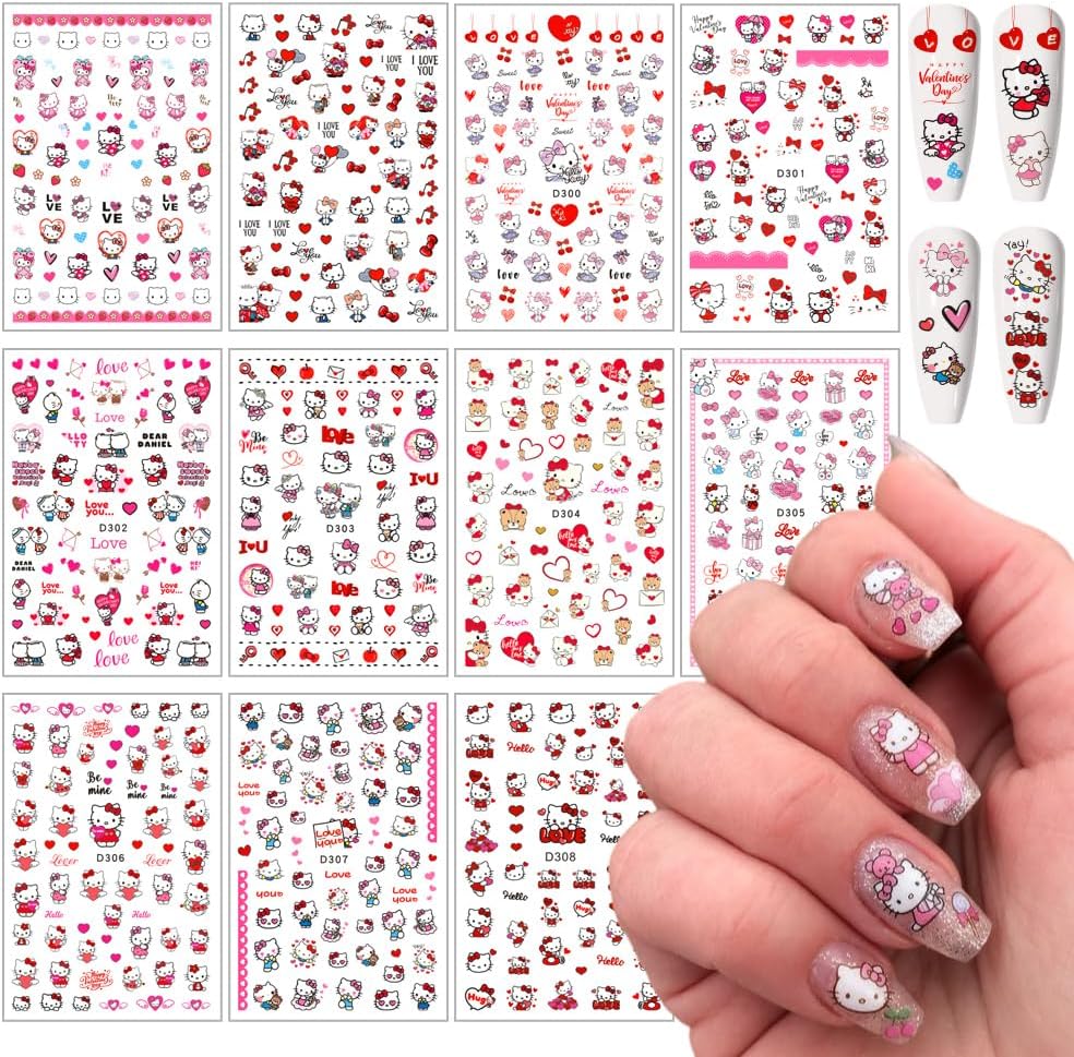 Valentines Nail Stickers Pink Cat Nail Art Stickers 3D Cat Self-Adhesive Nail Design Supply Heart Lover Romantic Cartoon Nail Decals for Women Girls DIY Manicure Decoration