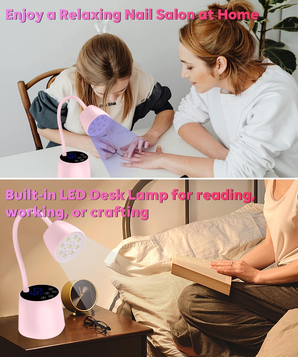 UV LED Nail Lamp - Gooseneck UV Light for Gel Nails Cordless USB 27W Nail Dryer 2 in 1 Gel Lamp and Desk Lamp with 4 Times & Auto Sensor Professional Fast Flash Curing Polish Nail Art(Pink)
