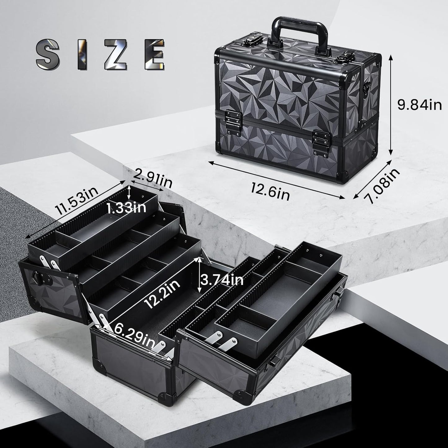 FRENESSA Makeup Case Extra Large Makeup Train Case 12.6 Inch Makeup Box Organizer Profressional Make Up Cases Storage Cosmetic Artist Travel Case with Divider Shoulder Strap Hard Vanity Dark Black