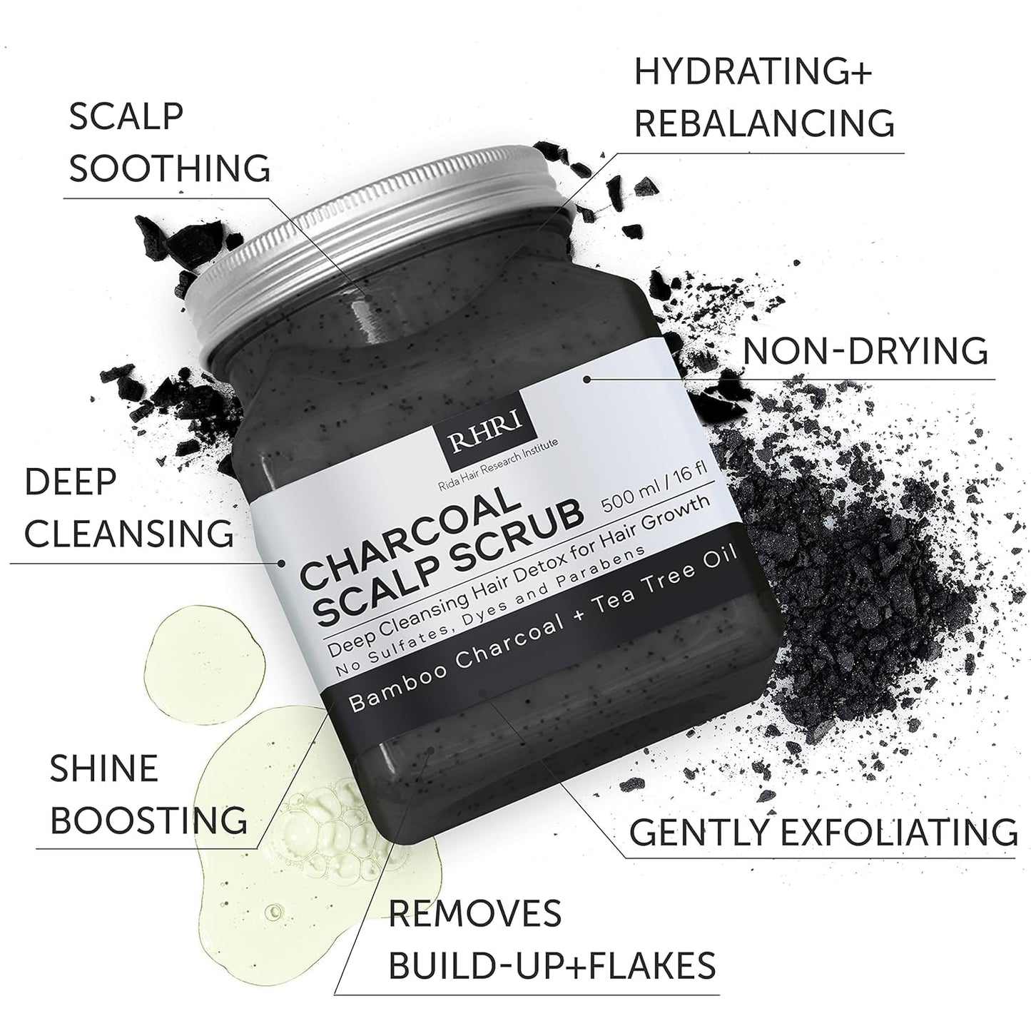 Sulfate-Free Charcoal Scalp Scrub with Bamboo Charcoal & Tea Tree Oil | Exfoliating Hair & Scalp Treatment for Detox, Dandruff & Build-Up | Scalp Exfoliator Scrub ( 16 Fl Oz )