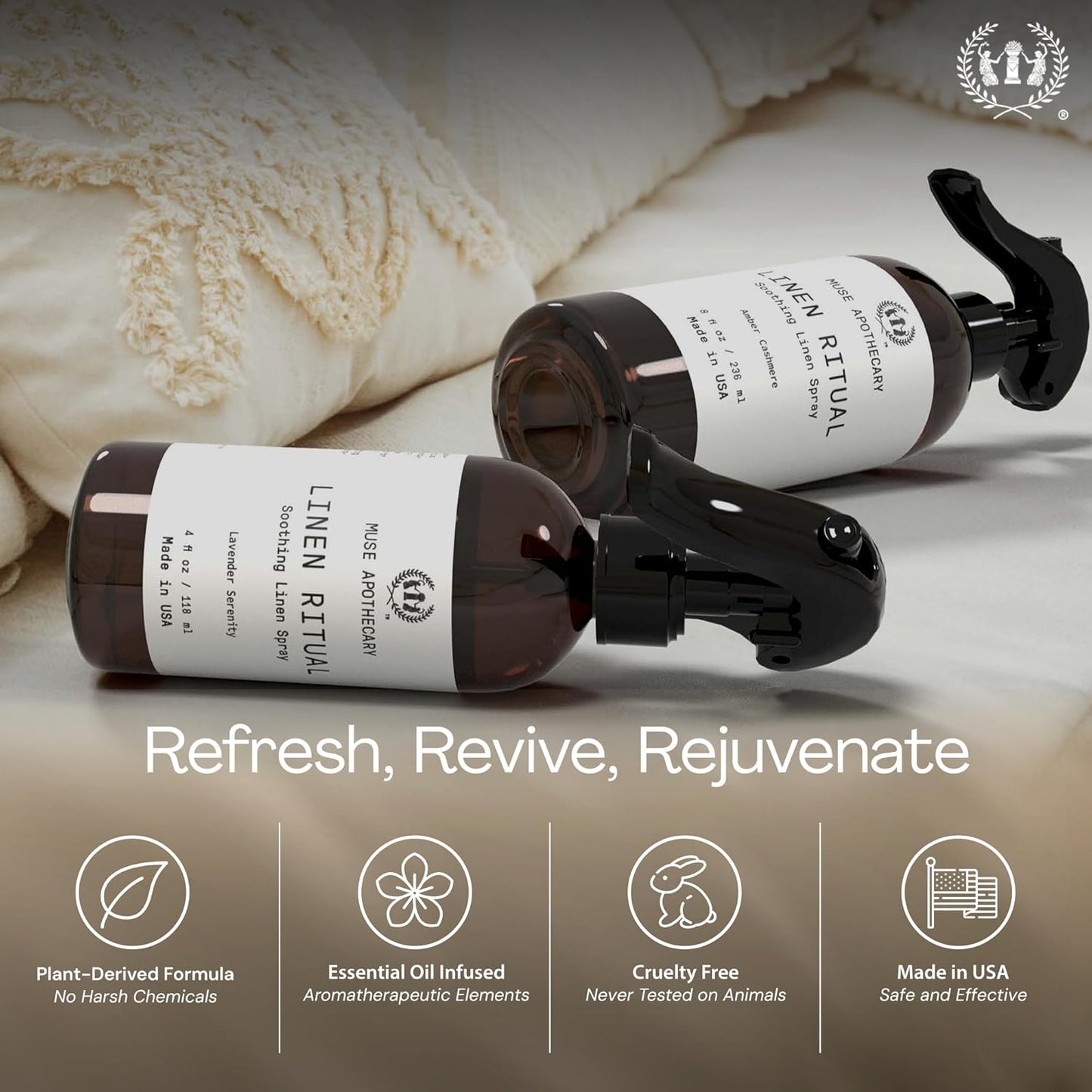 Muse Apothecary Linen Ritual - Aromatic, Soothing, and Relaxing Linen Mist, Laundry and Fabric Spray - Infused with Aromatherapy Essential Oils - 8 oz, Amber Cashmere