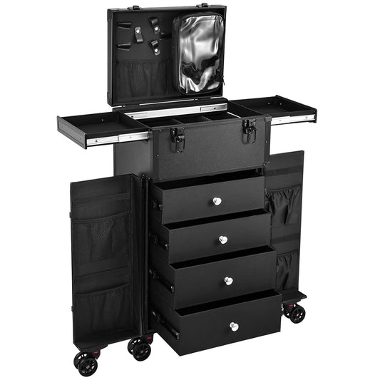 Joligrace Professional Rolling Makeup Case 4 Drawers Pro Makeup Artist Cosmetic Train Case Hairstylist Travel Case Portable Make Up Station with Multiple Compartments Extra Large - Black
