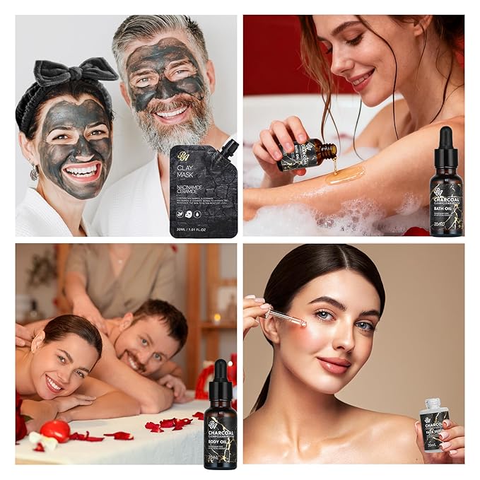 Charcoal 23 Pcs Skin Care Set for Women & Men, Bath and Body Kit, Spa Gift Baskets, Birthday Gifts, Cream, Serum, Face Oil, Sheet Mask, Clay Mask, Bath Bombs, Christmas, Valentines, Mother Day, Dad