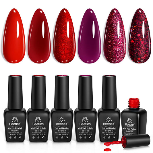 Beetles Red Gel Nail Polish Set 6 Colors Burgundy Red Glitter Purple Soak Off UV LED Gel Polish Art Design Decoration DIY Nail Gifts for Women Poinsettia