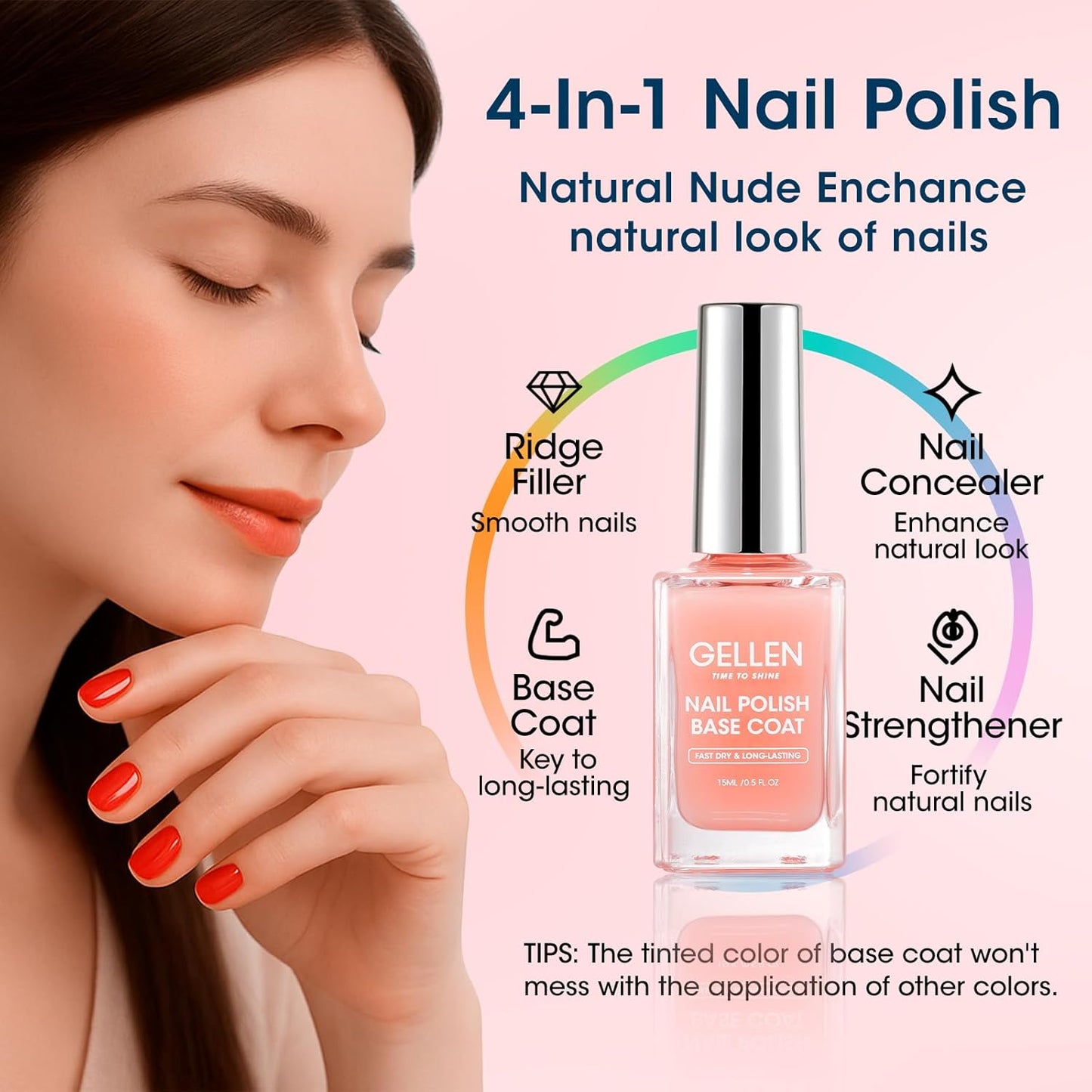 Gellen Clear Nail Polish Base Top Coat, No Wipe Shine Top Coat & 4-In-1 Tinted Nude Base Coat Strengthens Nails - Calcium, Quick Dry Natural Color Regular Nail Polish, Not UV Gel, Hema Free, Non-toxic