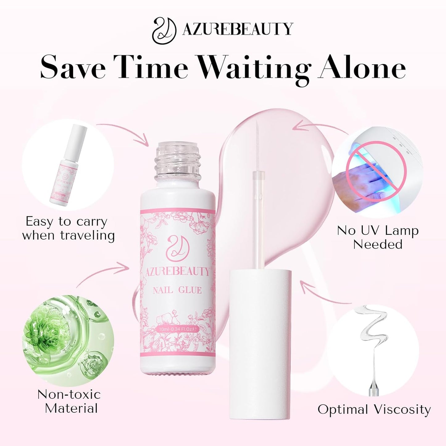 AZUREBEAUTY 30ml Nail Glue, 5 in One for Strong Nail Tips,Press On Nails and Repairs Natural Nails, Bond for Acrylic Nails, No UV Lamp Needed