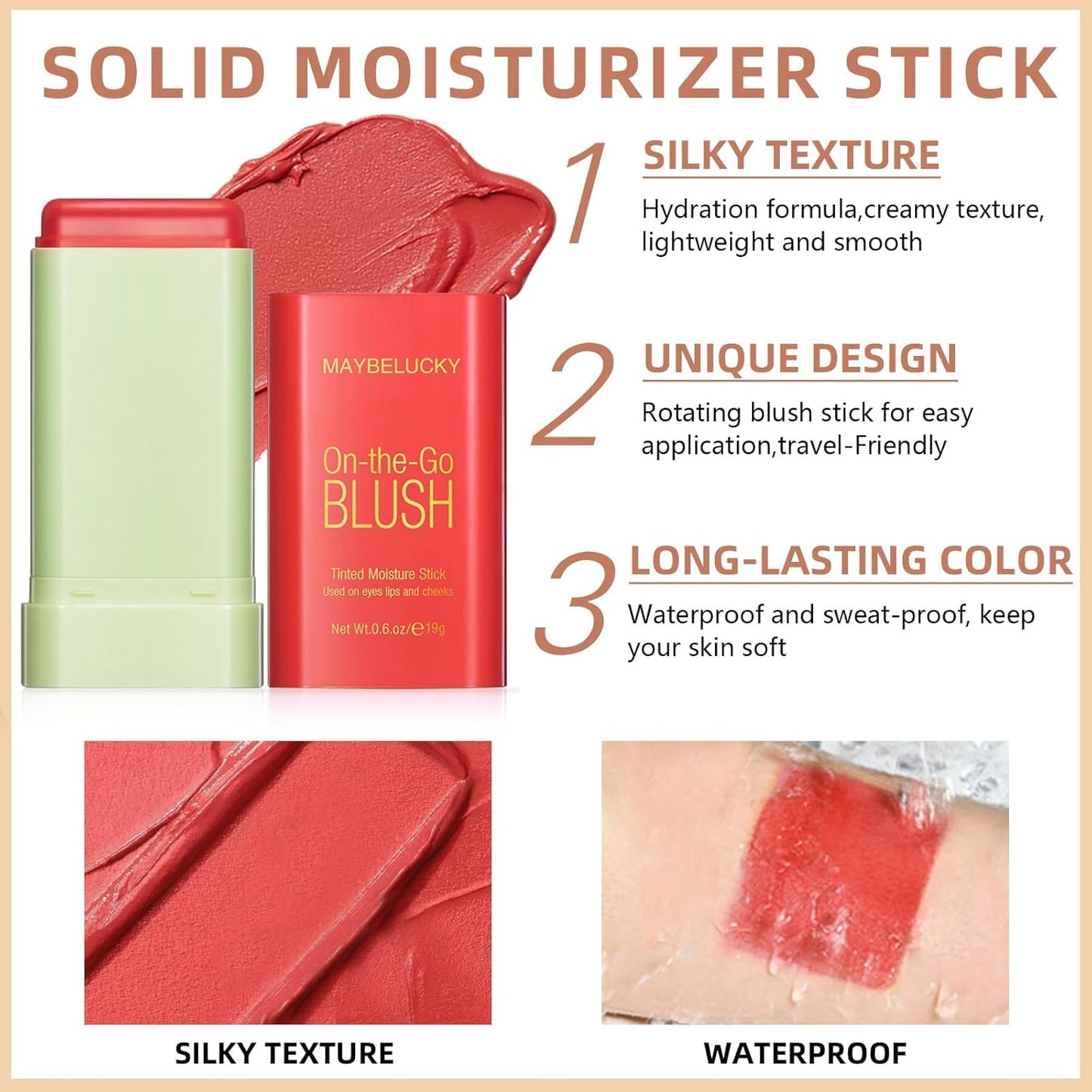 Cream Blush Stick for Cheeks, Multi-Use Makeup Blush Stick for Eye Lip Face, Travel-Friendly Tinted Solid Moisturizer Matte Blush, Natural Glow Blendable Smooth Blusher with Brush-Orange Coral