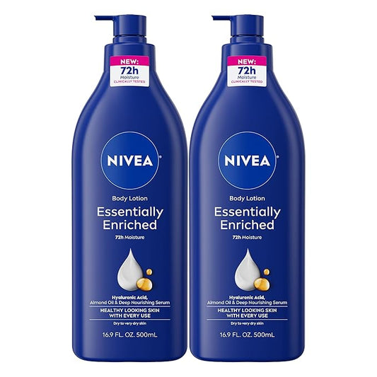 NIVEA Essentially Enriched Body Lotion for Very Dry Skin with Hyaluronic Acid, Almond Oil and Deep Nourishing Serum, 72-Hour Body Moisturizer, 16.9 Fl Oz Pump Bottle, Pack of 2