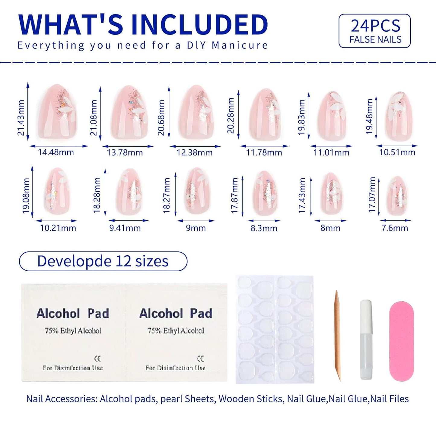 Fall Short Press On Nails Almond, Nude Fake Nails accented with golden glitter and Graceful White Floral Petal Design, Glossy Gel Finish Acrylic Nails, Natural Reusable Glue On Nails Kit for Women