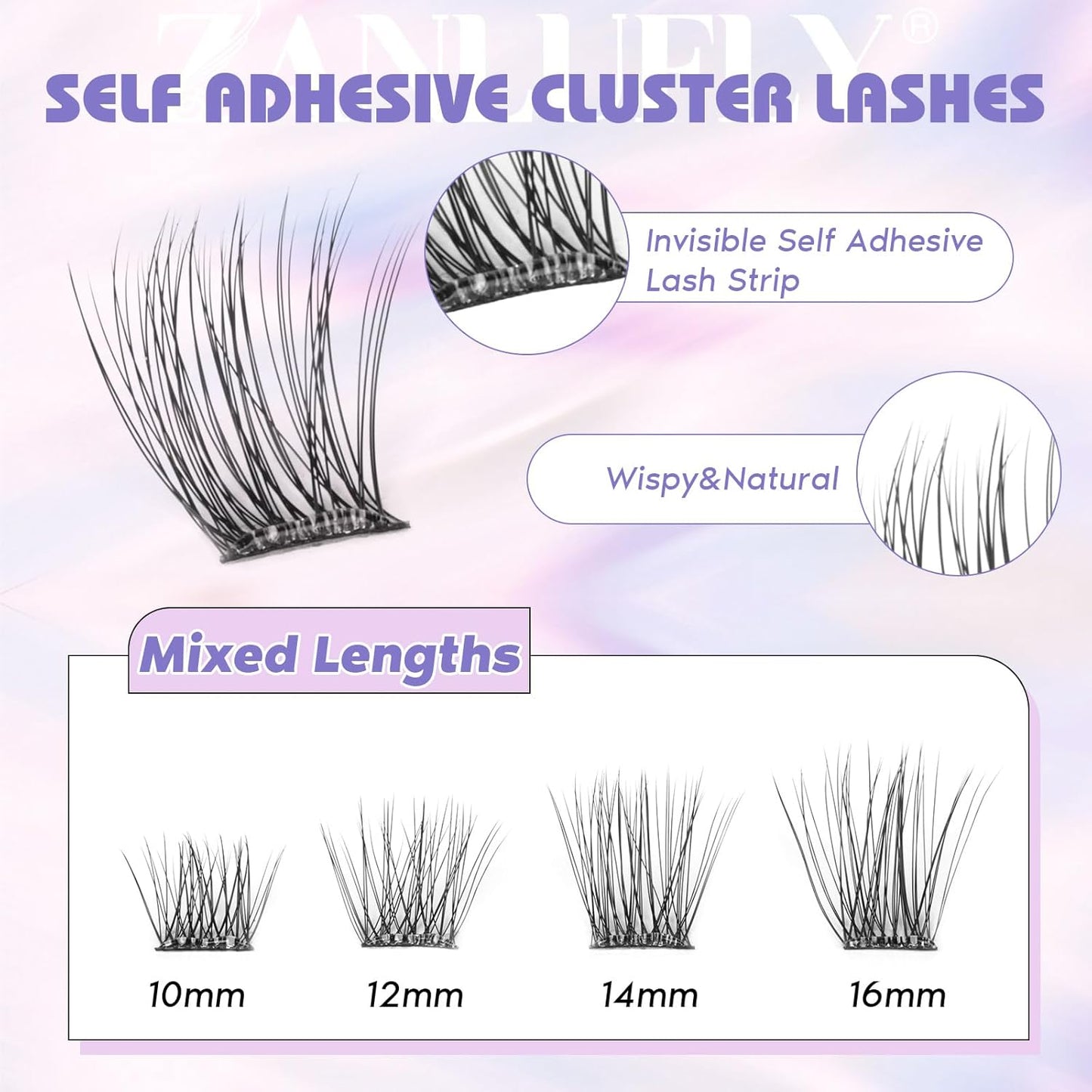 Self Adhesive Cluster Lashes Natural No Glue Eyelash Clusters Self Adhesive Individual Lashes with Clear Strips 10-16MM Wispy DIY Eyelash Extensions by ZANLUFLY