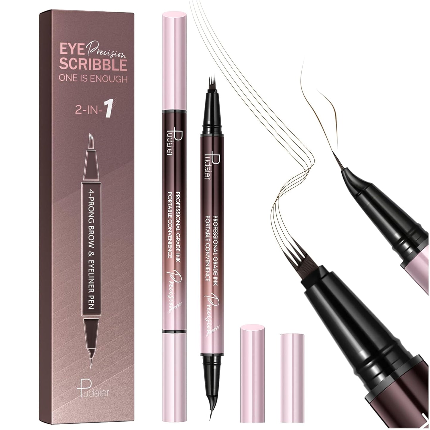 2 Pack Eyebrow Pen, Waterproof Microblading Eyebrow Pencil, 2-in-1 4 Tip Eye Brow Makeup Pen for Women with Precise Curved Brush-Tip Create Natural Hair-Like Brows, Last All-Day (Dark Brown)